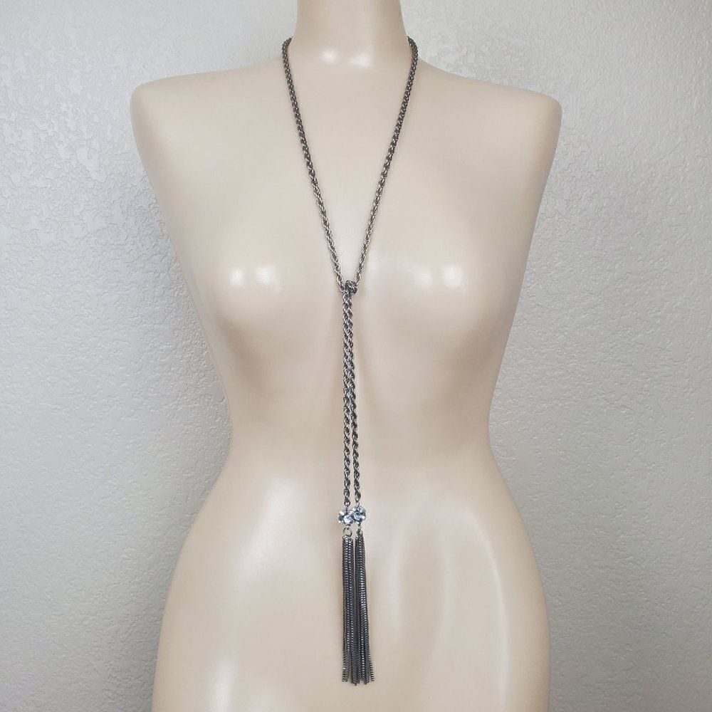 Vintage Silver Tone Rope Chain Box Tassel Round Clear Ball Lariat Opera Necklace